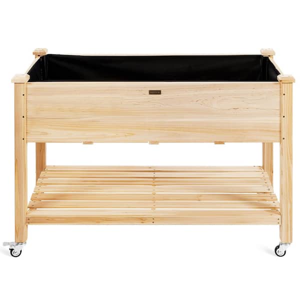 HONEY JOY Wood Elevated Garden Bed with Storage Shelf Wheels and Liner Suitable for Vegetable Flower Herb