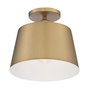 Motif 10 in. 1-Light Brushed Brass/White Transitional Semi-Flush Mount with Brass Metal Shade, No Bulbs Included