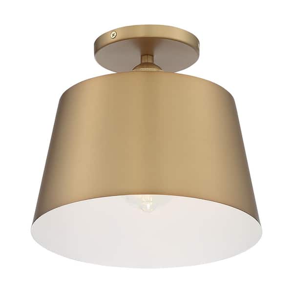 SATCO Motif 10 in. 1-Light Brushed Brass/White Transitional Semi-Flush Mount with Brass Metal Shade, No Bulbs Included