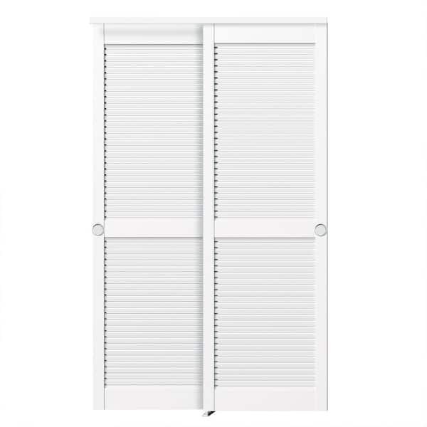 48 in. x 80 in. White 6-Panel MDF Sliding Door Panels with Handle, Hardware Track Kit and Floor Guide, Finished Doors