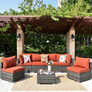Wilkins Grand Gray 7-Piece Wicker Outdoor Patio Conversation Seating Set with Orange Red Cushions