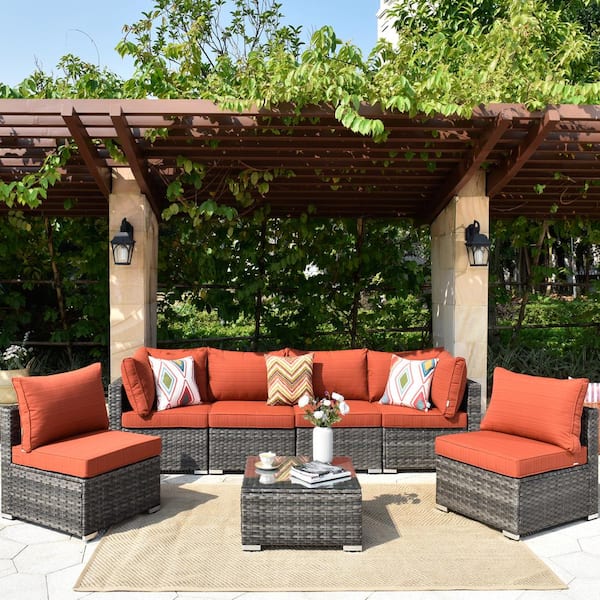 XIZZI Wilkins Grand Gray 7-Piece Wicker Outdoor Patio Conversation Seating Set with Orange Red Cushions