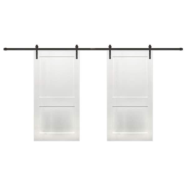 Pacific Entries 84 in. x 84 in. Bi-Part 2-Panel Shaker Prime Wood Sliding Barn Door with Bronze Hardware Kit