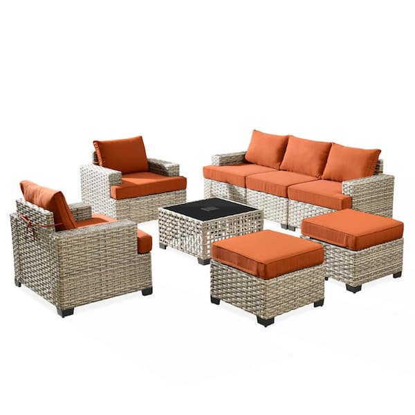 Kelley's 8-Piece Wicker Modern Outdoor Patio Conversation Sofa Seating Set with a LED Table and Orange Red Cushions