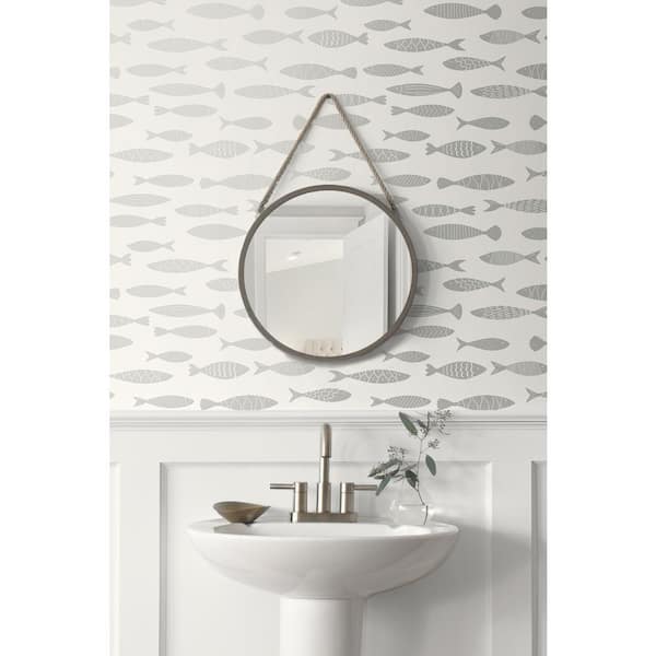 Silver Sea Bay Fish Nonwoven Paper Unpasted Wallpaper Roll 60.75 sq. ft.