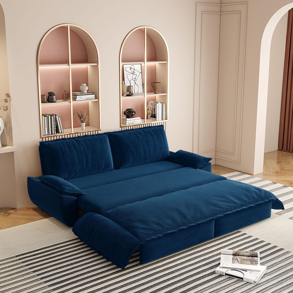 3-in-1 Convertible 73.2 in. Blue Soft Velvet Queen Size Sofa Bed with 2-Soft Pillows