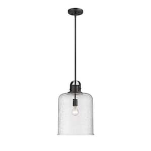 Kinsley 12 in. 1-Light Matte Black Globe Pendant Light with Clear Seeded Glass Shade
