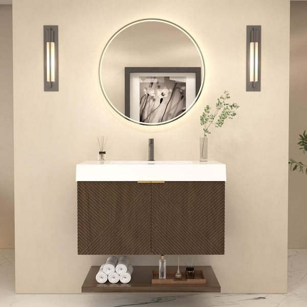 Stella 35 in. W x 20 in. D x 22 in. H Single Sink Chestnut Brown Bath Vanity with White Acrylic Top Floating Lower Shelf