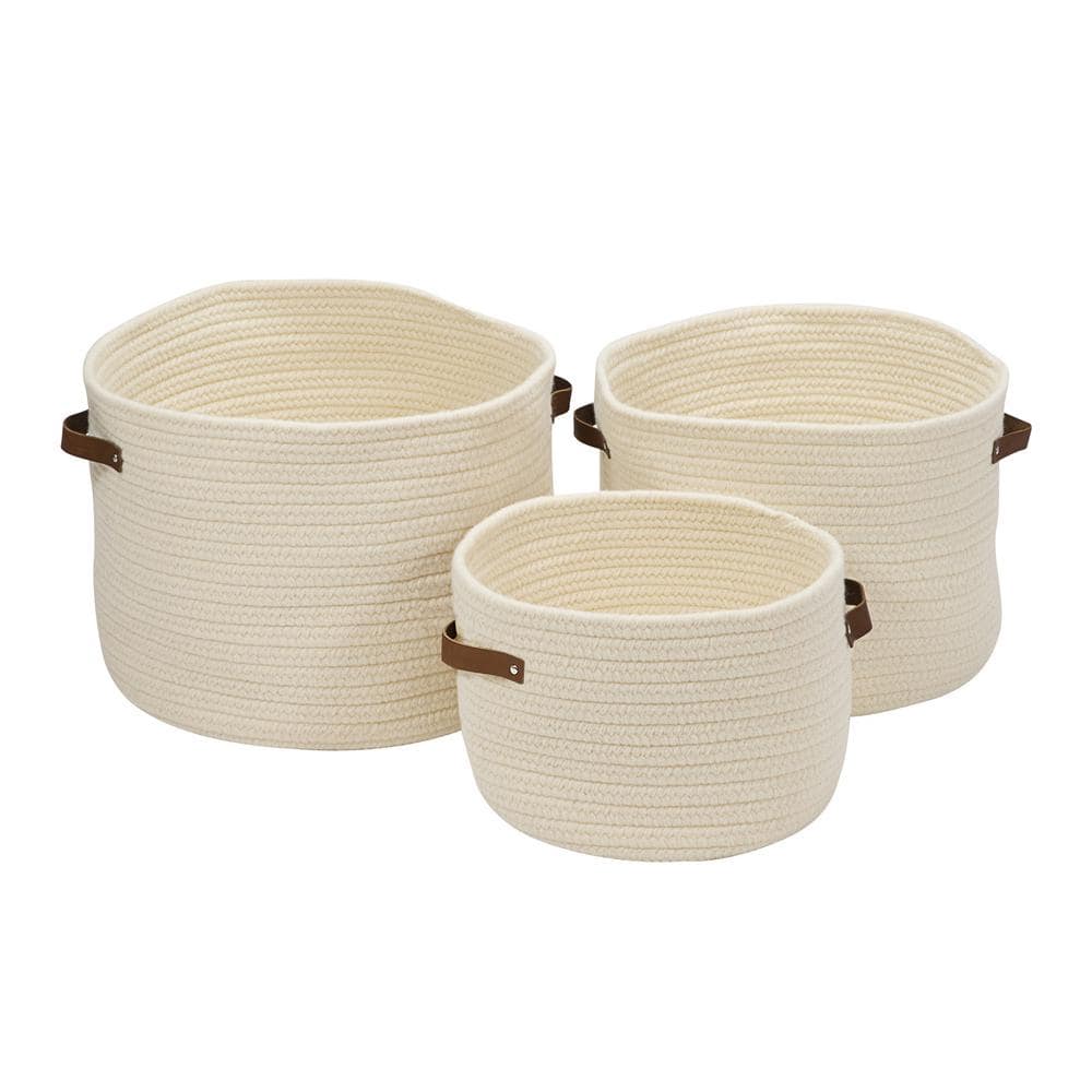 Natural Wool Round Basket with Leather Handles 18"x14"