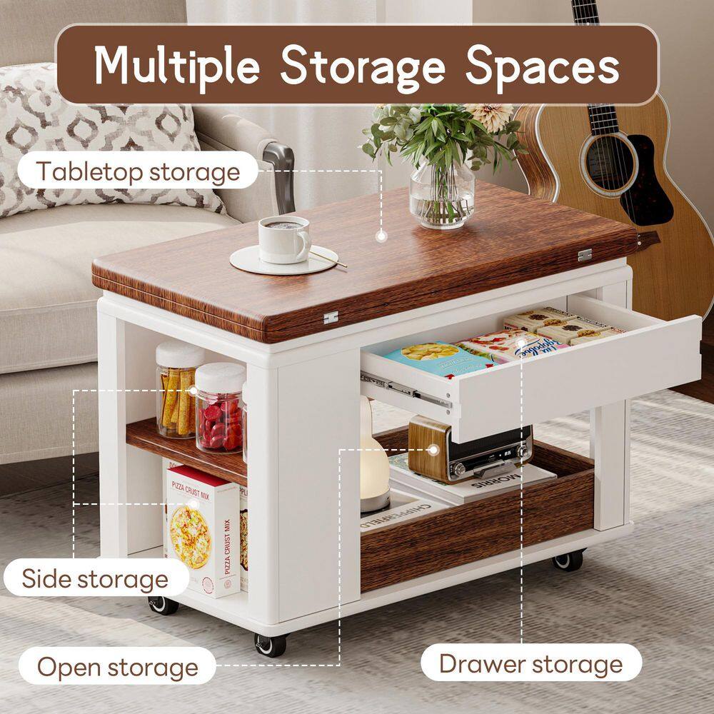 Infographic showing multiple storage spaces of the coffee table.