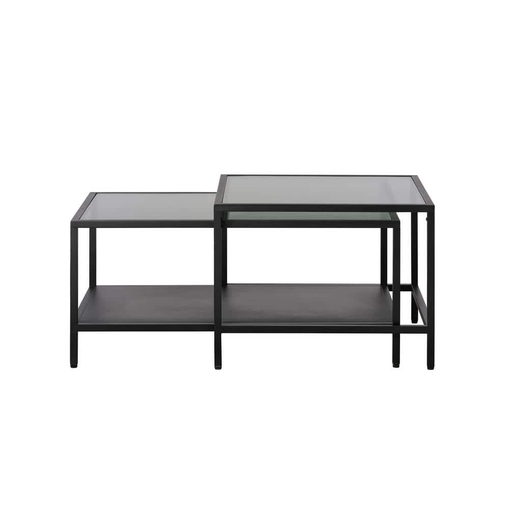 Black Metal and Fluted Glass Rectangular Nesting Coffee Table Set