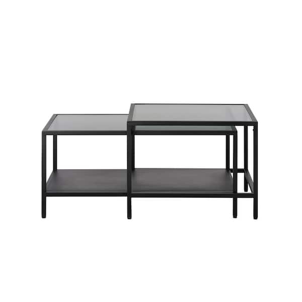 Unbranded Breton 35.5 in. Black Rectangle Glass Coffee Table with Nesting 24 in. Table