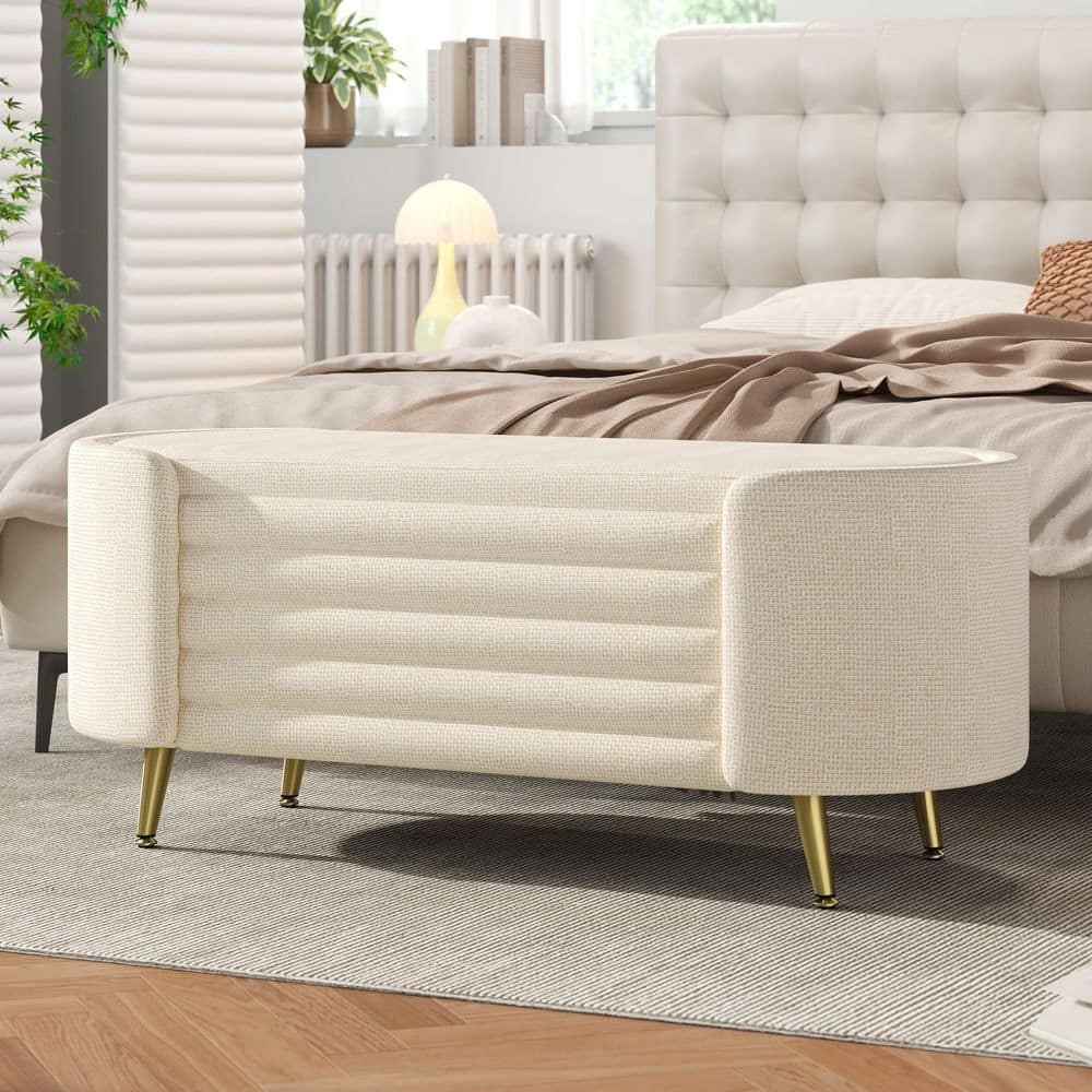Lymora Modern Beige Chenille Upholstered Oval Storage Ottoman Entryway Bedroom Bench with Gold Metal Legs