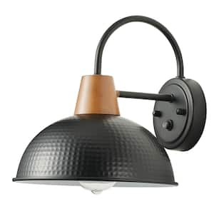 Modern Black Exterior Gooseneck Outdoor Hardwired Barn Light Fixture Dusk to Dawn Wall Sconce with Hammered Metal Shade
