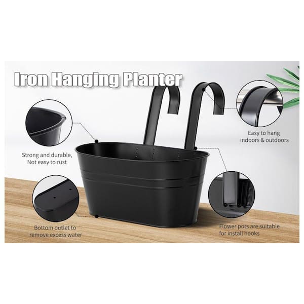 Primehome Black Iron Metal Hanging Planters 11 in. Outdoor Railing Fence  Pots with Drainage Hooks for Porch Balcony (5-Pack) HD-GF-2 - The Home Depot