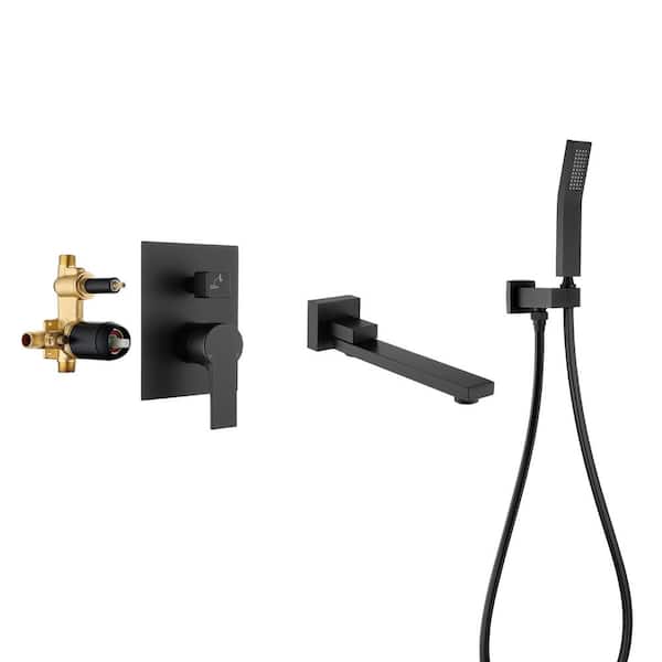 Miscool Forest Single-Handle Wall Mount Roman Tub Faucet with Swivel Tub Spout and Hand Shower in Matte Black