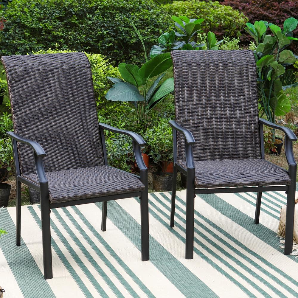 PHI VILLA Rattan Metal Outdoor Dining Chair with Wave Armrest High in ...