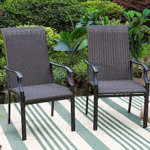 Rattan Metal Outdoor Dining Chair with Wave Armrest High in Back (2-Pack)