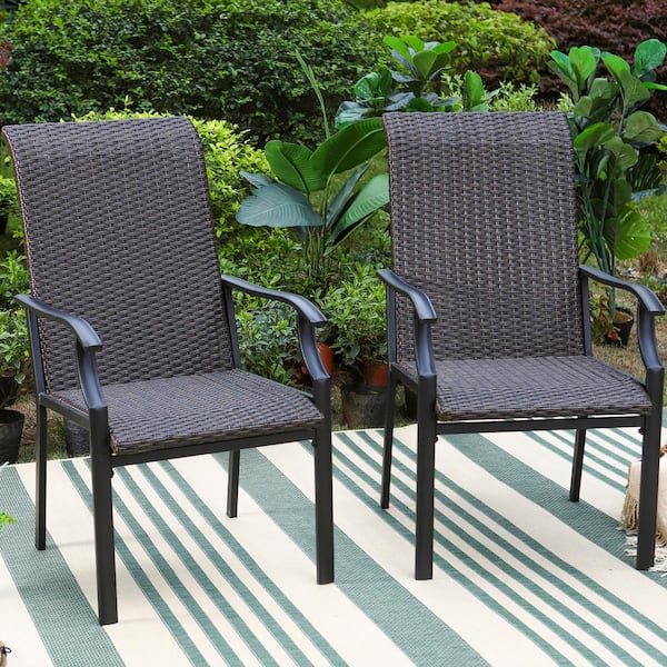 PHI VILLA Rattan Metal Outdoor Dining Chair with Wave Armrest High in Back (2-Pack)