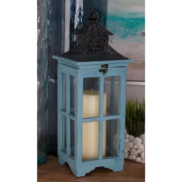 Litton Lane Blue Wood Lighthouse Style Candle Lantern (Set of 2)