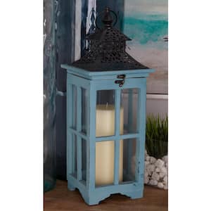 Blue Wood Lighthouse Style Candle Lantern (Set of 2)