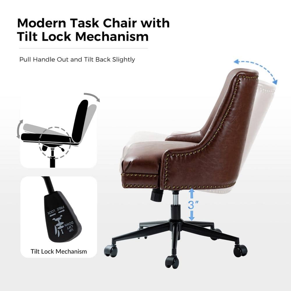 Taurino Contemporary Brown Leather Swivel Height-adjustable Task Chair with Nailhead Trim