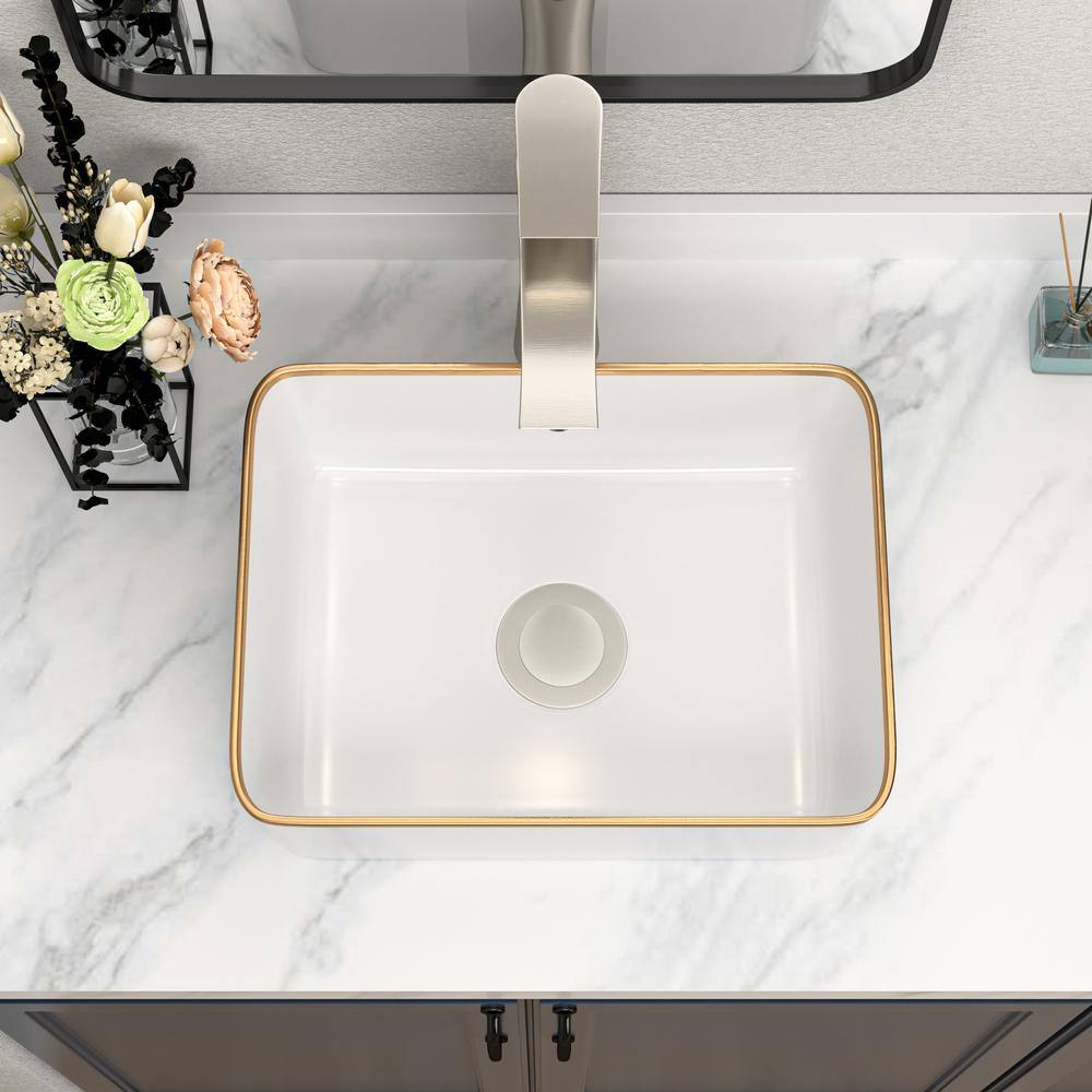 19" White Ceramic Rectangular Vessel Sink with Gold Rim