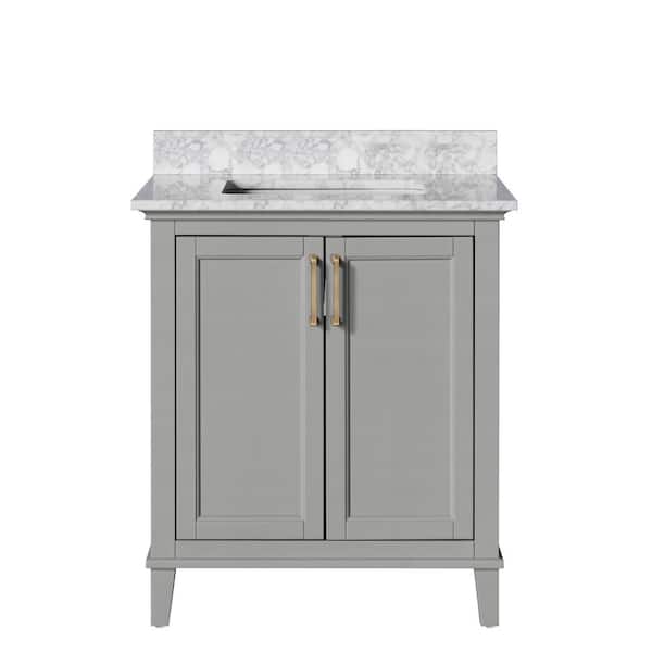Buy DKB Bradford 55" Gray Bathroom Vanity W/Italian Carrara Marble Countertop Splash Rectangular Sink 2 Soft Closing Doors 4 Full Extension Dovetail Drawers Built In Toe Kick Brushed Nickel
