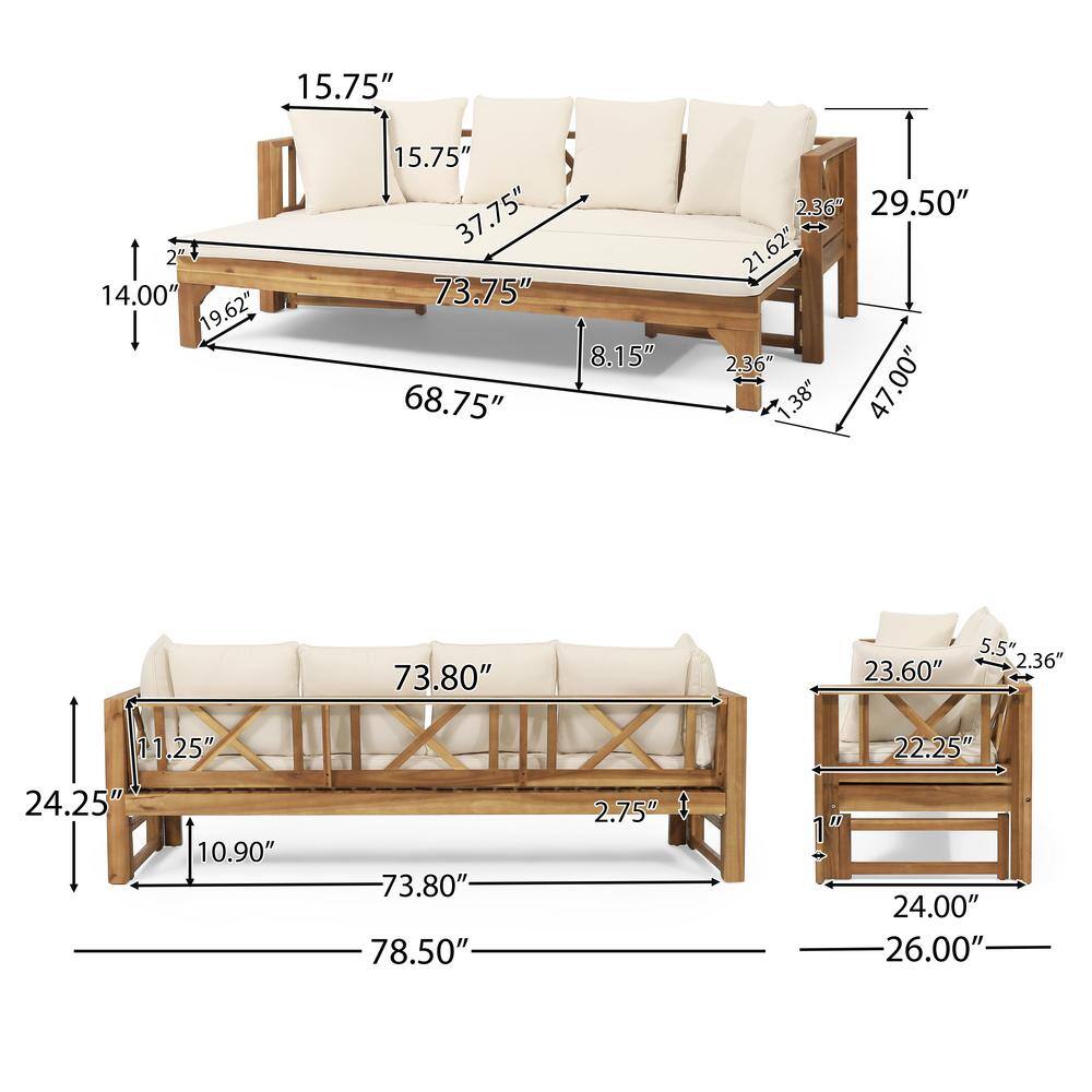 Reyes Teak Wood Outdoor Daybed Sofa with Beige Cushions