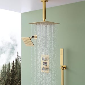 3-Spray Patterns 10, 6 in. Dual Shower Head Wall Mount Fixed Shower Head with Handheld In Brushed Gold