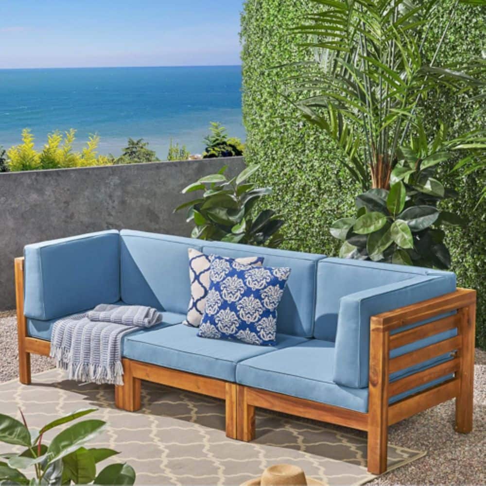 Lycvki Blue 3-Piece Acacia Wood Outdoor Sectional Sofa Set with