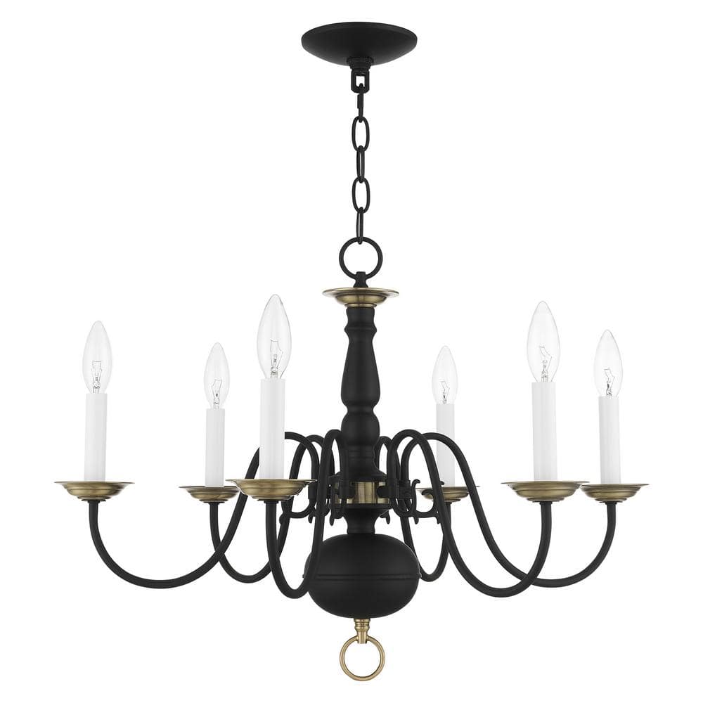 Elegant Colonial Black and Antique Brass 6-Light Crystal Chandelier