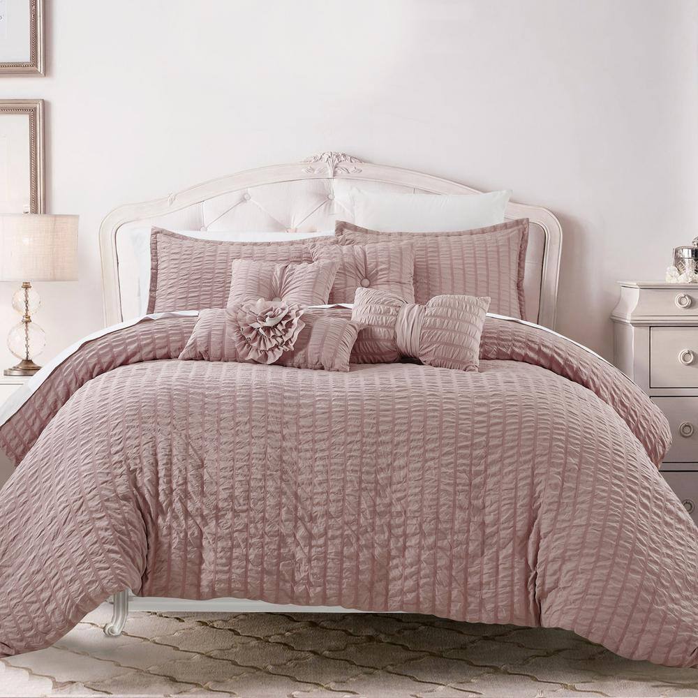 Shatex 7-piece Pink Pleated Microfiber King Size Comforter Set J22002 