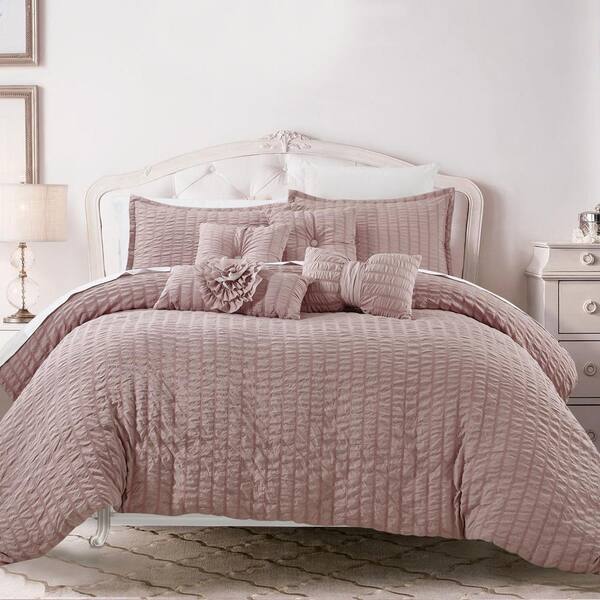 Shatex 7-Piece Pink Pleated Microfiber King Size Comforter Set