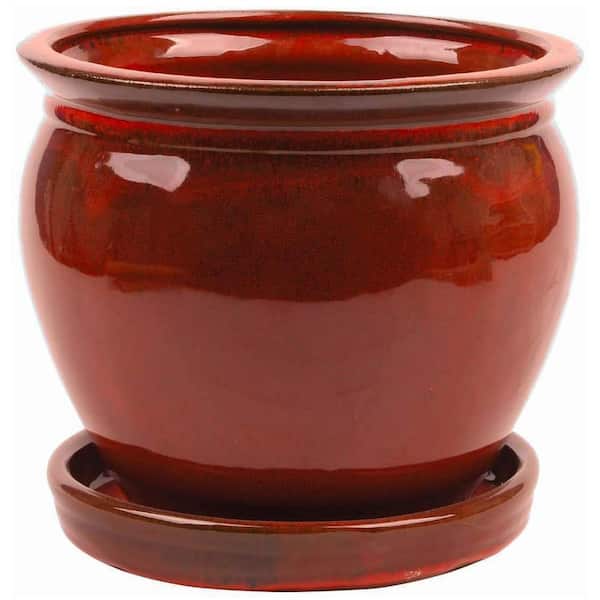 Southern Patio Wisteria 12 in. Dia Oxblood Red Ceramic Planter Pot with Saucer