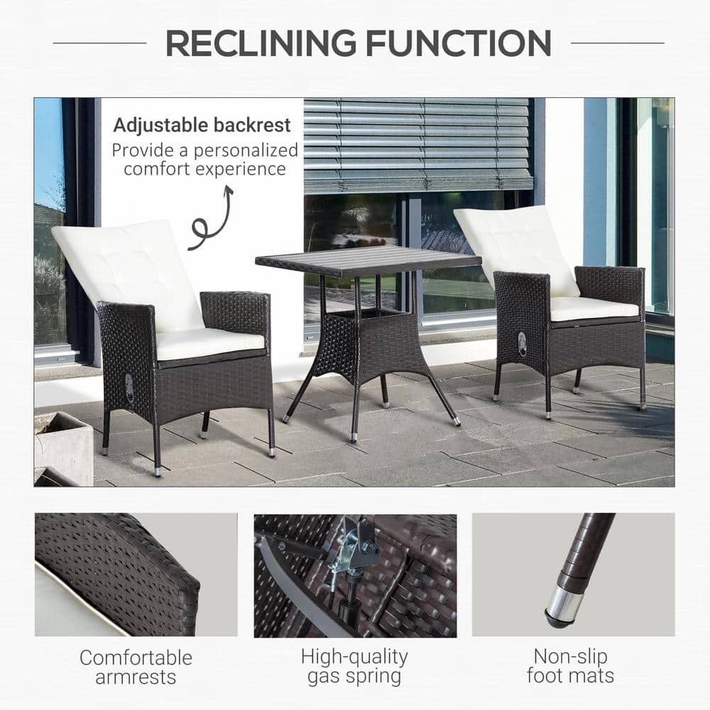 Luxe Off-White PE Rattan 3-Piece Outdoor Recliner Set with Wood-Grain Table