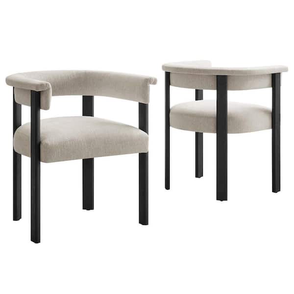 MODWAY Imogen Woven Heathered Fabric Upholstered Barrel Dining Chairs - Set of 2 in. Heathered Weave Ivory Black