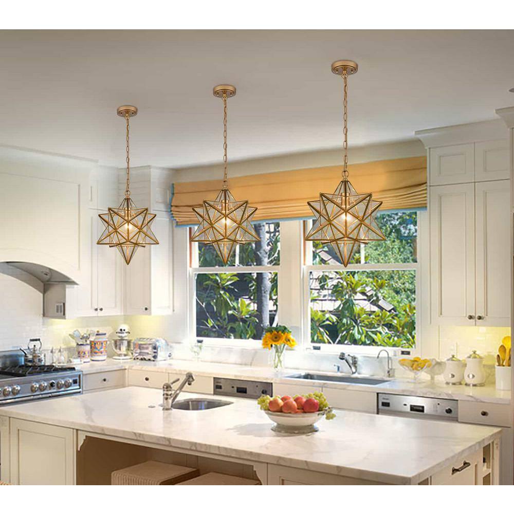 Geometric Brass and Clear Glass Moravian Star Pendant Light