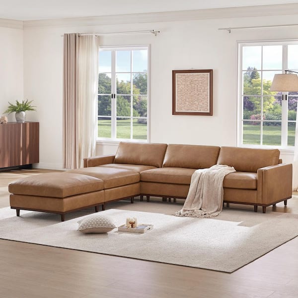 Rowan 118 in. Square Arm 5-Piece Faux Leather Rectangle Modular Sofa in Camel/5-Piece with Feather Cushions & 2 Ottomans