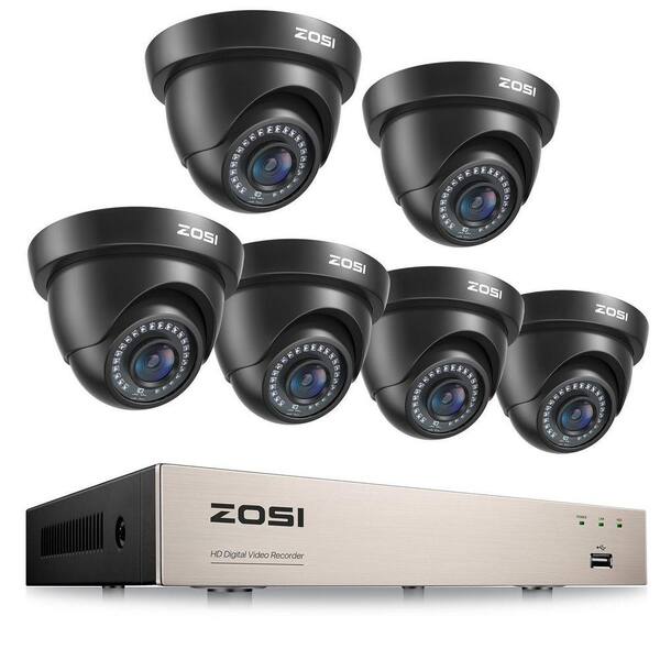 8-Channel H. 265+ 2MP DVR Home Security Camera System with 6 1080P FHD Wired Outdoor Dome Cameras, Black