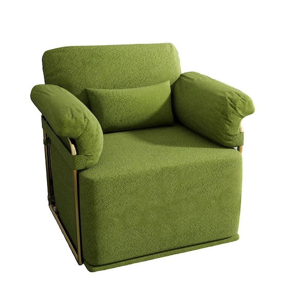 360° Square Swivel Accent Sofa Chair, Fluffy Fabric Lounge Upholstered Reading Chair with Gold Metal Legs, Green