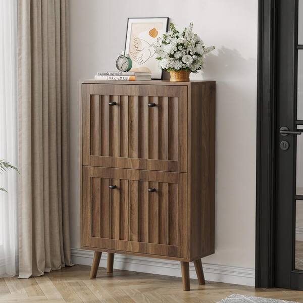 23.6-In Walnut MDF Upright Shoe Cabinet,Shoe Storage Unit with