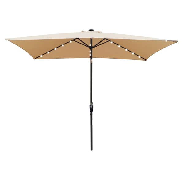 Runesay 10 ft. x 6.5 ft. Rectangular Patio Beach Market Solar LED Lighted Umbrella in Tan with Crank and Push Button Tilt