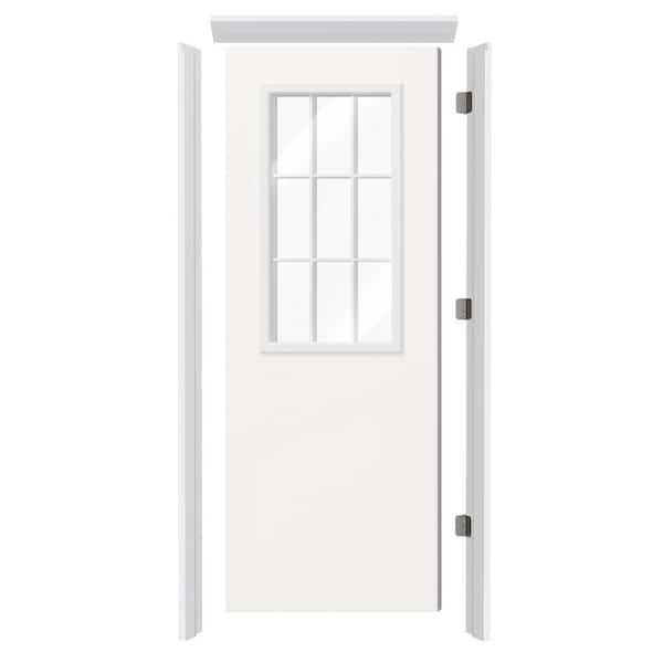 30 in. x 80 in. White 9-Lite Clear Glass Pre-hung Exterior Door with Door Header, Side Legs, and Right-Handed Hinge Kit