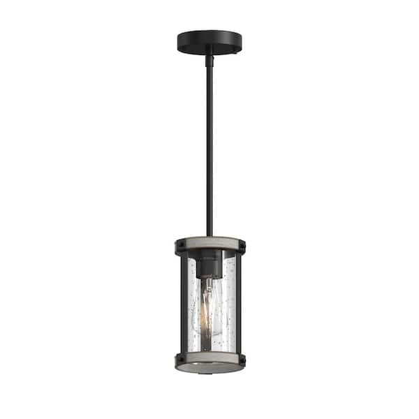 Luminosa 1-Light Matte Black and Gray Wood Mini Pendant Light with Clear Seedy Glass Shade