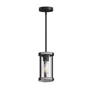1-Light Matte Black and Gray Wood Mini Cage Pendant Light with Clear Seedy Glass Shade Display Unit