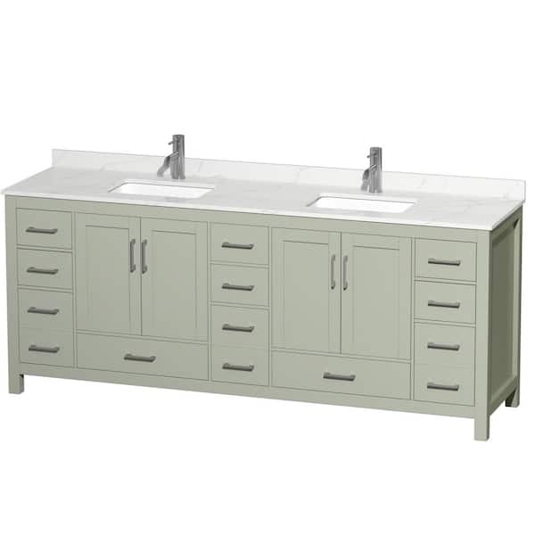 Wyndham Collection Sheffield 84 in. W. x 22 in. D x 35 in. H Double Bath Vanity in Light Green with Giotto Quartz Top