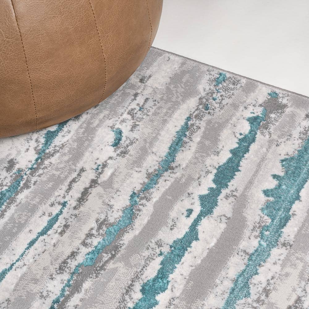Gray and Turquoise 8' x 10' Synthetic Stripe Area Rug