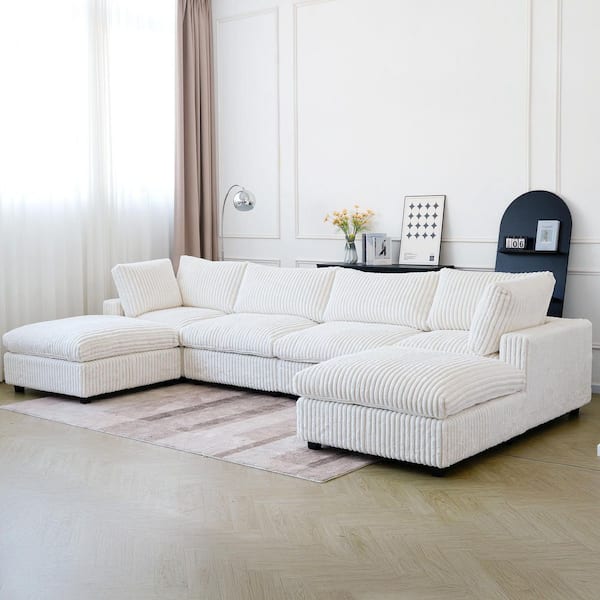 157 in. Square Arm Soft Faux Rabbit Fur Velvet 6-Piece Modular Sectional Sofa with Ottoman, Washable Covers in. Beige