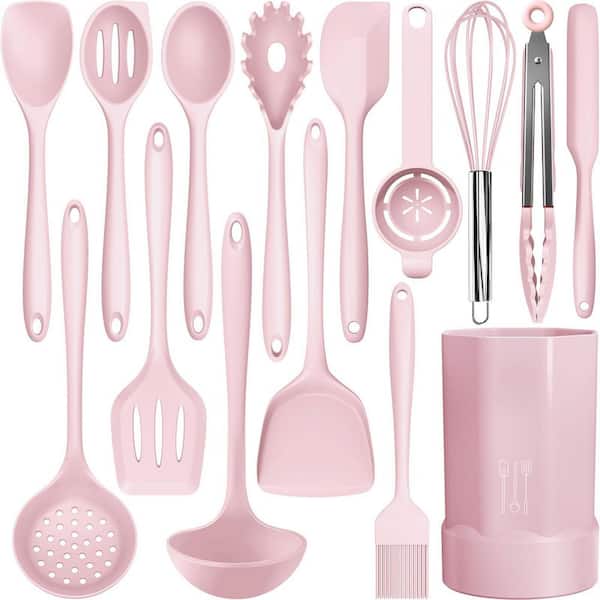 15-Piece Pink Silicone Cooking Utensils Set, 446°F Heat Resistant Kitchen Tools, Dishwasher Safe BPA-Free Set